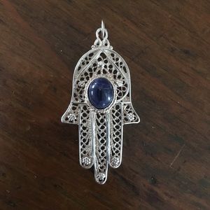 Silver Filigree Hamsa Blue Stone